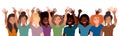 Group of happy smiling women of different race together holding hands up with piece sign, fist, open palm. Flat style illustration