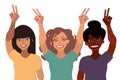 Group of happy smiling women of different race together holding hands up with piece sign. Flat style illustration isolated on