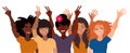 Group of happy smiling women of different race together holding hands up with piece sign, open palm. Flat style illustration
