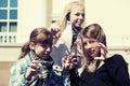 Group of happy teen girls on city street Royalty Free Stock Photo