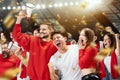 Group of happy thrilled excited soccer football fans cheering for their sport team victory. Concept of emotions, global Royalty Free Stock Photo