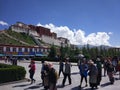 Group of happy tourists exploring the iconic Potala Palace in Tibet, China