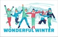 A group of happy winter children are jumping on the background of snowy mountains. Winter children\'s camp. Winter outdoor Royalty Free Stock Photo