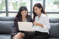 Group of happy young business woman working together with laptop computer on sofa in lobby meeting room.teamwork of two asian girl Royalty Free Stock Photo