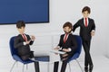 Group of happy young businessmen and businesswoman relaxing meeting talking working in office, 3D rendering Royalty Free Stock Photo