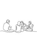 Group of happy young friends continuous one line drawing. Happy teenager male and female sitting while talking and laughing