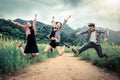 Group of happy young people jumping in the air. Royalty Free Stock Photo