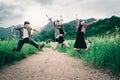 Group of happy young people jumping in the air. Royalty Free Stock Photo