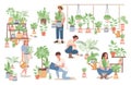 Group of happy young people taking care of home plants vector flat illustration. Agriculture gardener hobby concept. Royalty Free Stock Photo