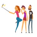 Group of happy young people taking selfie photo cartoon vector Illustration