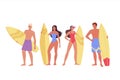 Group of happy young sports people in swimsuits standing on the beach with surfboards. Active female and male characters Royalty Free Stock Photo
