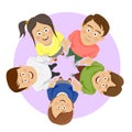 Group of happy young students showing unity. Top view of group of young people putting their hands together Royalty Free Stock Photo