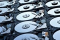 Group of hard disk drives. Many Open Hard drives. Close-up of the inside of PC hard drives. Technology background. Selective focus Royalty Free Stock Photo