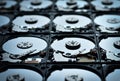 Group of hard disk drives. Many Open Hard drives. Close-up of the inside of PC hard drives. Technology background. Selective focus Royalty Free Stock Photo