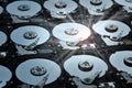 Group of hard disk drives. Many Open Hard drives. Close-up of the inside of PC hard drives. Technology background. Selective focus Royalty Free Stock Photo