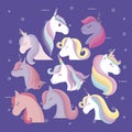Group of heads cute unicorns animals
