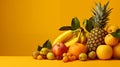 Group of healthy food and diet with a variety of fruits isolated on yellow background Royalty Free Stock Photo