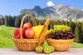 Group Healthy fresh fruit in a wooden basket, Royalty Free Stock Photo