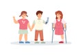Group of healthy and handicapped kids, cartoon vector illustration isolated.