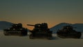 Group of Heavy Military Tanks Moving in Desert Landscape at Sunset. 3D Rendering Royalty Free Stock Photo