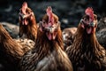 A group of hens and roosters looks at the camera. Generative AI