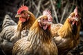 A group of hens and roosters looks at the camera. Generative AI