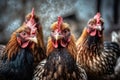 A group of hens and roosters looks at the camera. Generative AI