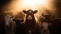 A group of a herd of cows standing in the sun, AI