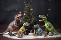 A group of Herrerasaurus decorating a Christmas tree. AI generation Royalty Free Stock Photo