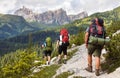 Group of hikers and Alps Dolomites mountains, Italy Royalty Free Stock Photo
