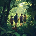 A group of hikers exploring a lush, sunlit forest path, enjoying nature together Royalty Free Stock Photo
