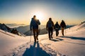 A group of hikers framed by the golden hues of a setting sun as they ascend a mountain ridge, casting long shadows