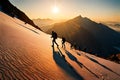 A group of hikers framed by the golden hues of a setting sun as they ascend a mountain ridge, casting long shadows