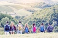 Group of hikers in the mountain in single file Royalty Free Stock Photo
