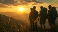 A group of hikers pause on journey taking a moment to appreciate the natural beauty around them with the sunset