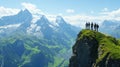 Group of hikers on peak enjoy Scenic Mountain View and Summit Adventure Royalty Free Stock Photo