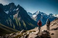 A group of hikers taking a break on a rocky outcrop, enjoying a breathtaking view of a mountain range in the distance