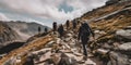 A group of hikers trekking up a rocky mountain trail colo created with generative AI