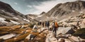 A group of hikers trekking up a rocky mountain trail colo one created with generative AI