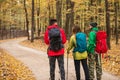 Group of hikers walking in autumn forest Royalty Free Stock Photo