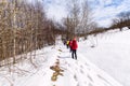 Group of hikers walking on the hike trail on snow