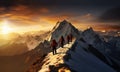 Group of hikers walking on a mountain at sunset,beautiful mountains with snow, active sport concept, backpackers on peak Royalty Free Stock Photo