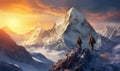 Group of hikers walking on a mountain at sunset,beautiful mountains with snow, active sport concept, backpackers on peak Royalty Free Stock Photo