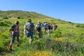 Group of hikers walks mountain rural landscape