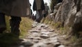 Group hiking through forest, stepping on rocks, enjoying nature beauty generated by AI