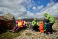 Group hiking, multi-day backpacking. Hiking in the Altai mountains, amazing landscape of the valley of the mountain range. Russia