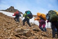 Group hiking, multi-day backpacking. Hiking in the Altai mountains, amazing landscape of the valley of the mountain range. Russia