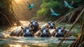 Golden Hour Hippos and Kingfishers in River Habitat Royalty Free Stock Photo