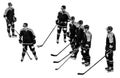 A group of hockey players in uniform stand on skates, hold hockey stick and rest before the match. Team of athletes isolated on wh