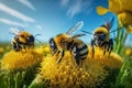 Group of honey bees covered collecting nectar from dandelion flower. generative AI Royalty Free Stock Photo